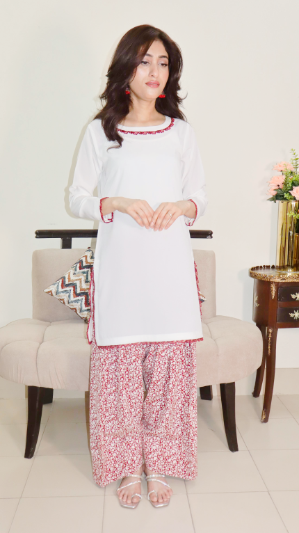 White Shirt with Floral Farshi Shalwar